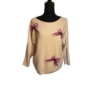 Aaeda BoatNeck Sweater Sz L Knit Natural Stretch Felted Bows Batwing Sleeve Soft